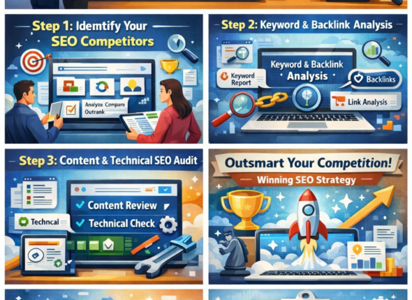Competitor SEO audit checklist 2026 infographic with content analysis, keyword research, and backlink strategy steps”